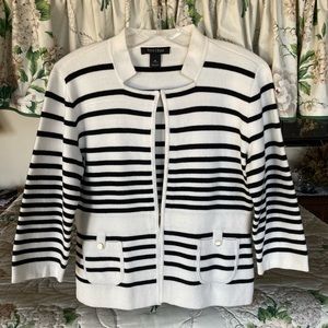 White House Black Market White with Black Stripes Sweater Jacket Size Medium.